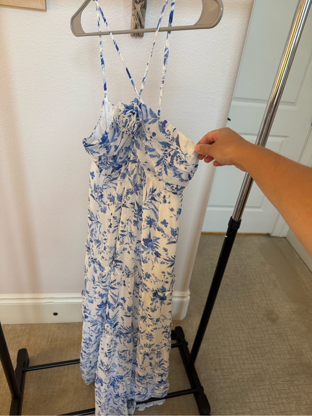 Blue and White Floral Spaghetti Strap Maxi Dress
